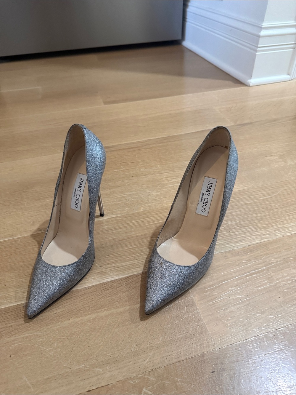 Jimmy Choo Silver Glitter Pointed-Toe Pumps with Stiletto Heel